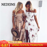 NEDEINS 2020 Women Sexy floral Dress Summer Split  Maxi Beach Sundress Off Backless Dress Boho Long Dresses Vestidos Femme